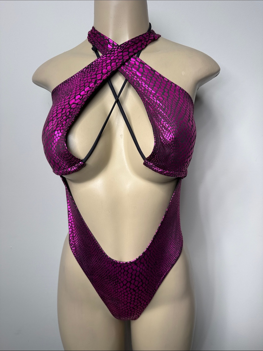 SHEIN Metallic Magenta Snake-Print Cutout One-Piece Swim